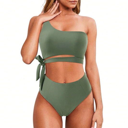 Women's One-Shoulder Leopard Print Bikini Set, Sexy Strappy Two-Piece Swimsuit, High-Cut Athletic Beachwear For Summer Vacation/Pool Party