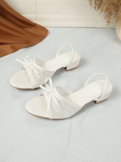 Women's Oversized Square Toe Slide Sandals, Chunky Heel Sandals, Versatile Thin Heel Thong Slippers, Mesh Breathable Bow Design, Summer New