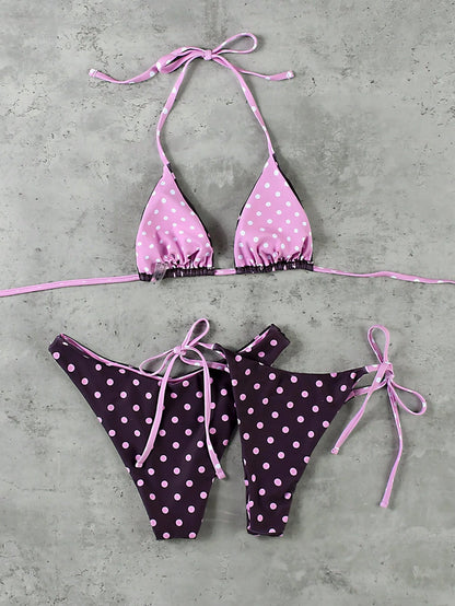 Women's Pink & Purple Polka Dot Bikini Set, Elegant Sexy Casual Swimwear Suitable For Spring/Summer Beach, Holiday, Party Vacation