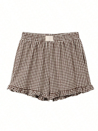 Women's Plaid Shorts Fashion Casual Elastic Waist Pocket Sleepwear Womenswear Full Cotton Breathable Versatile Loose Shorts Y2K Girls Leisure Shorts