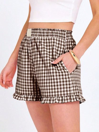 Women's Plaid Shorts Fashion Casual Elastic Waist Pocket Sleepwear Womenswear Full Cotton Breathable Versatile Loose Shorts Y2K Girls Leisure Shorts