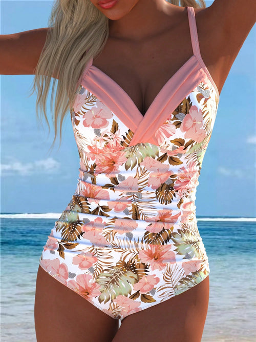 Women's Plus Size Floral Print Spaghetti Strap One-Piece Swimsuit, Beach New Style For Holiday Summer Vacation