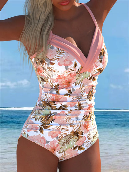Women's Plus Size Floral Print Spaghetti Strap One-Piece Swimsuit, Beach New Style For Holiday Summer Vacation