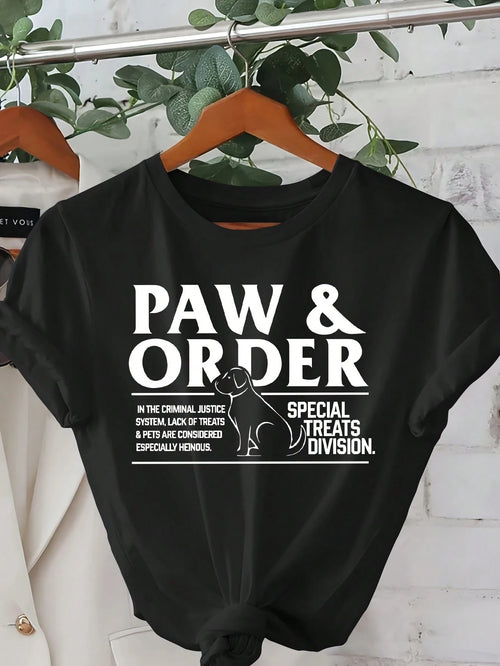 Women'S Plus Size "Paw & Order" Graphic T-Shirt- Funny Dog Lover Crew Neck Casual Top, Black With White Lettering