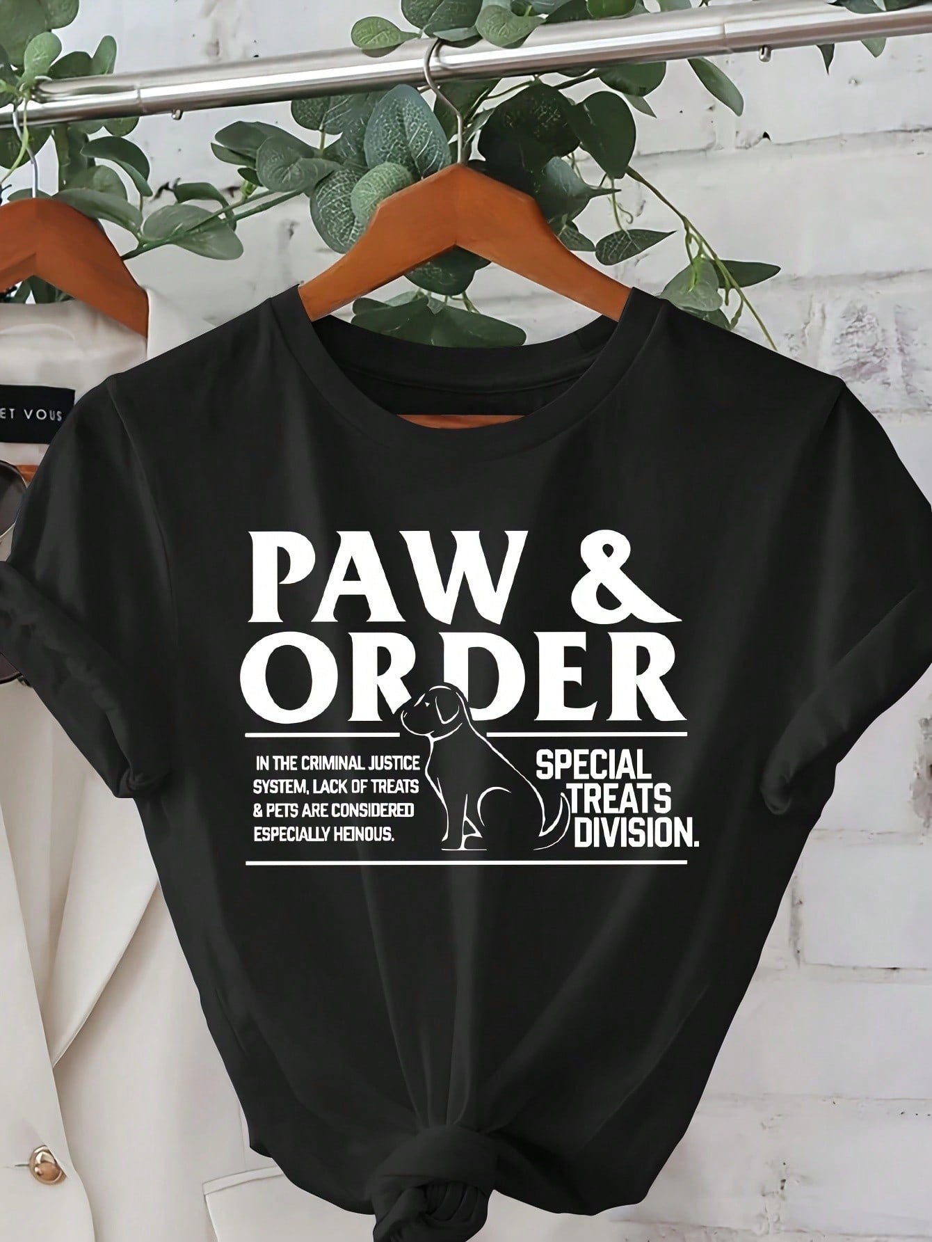 Women'S Plus Size "Paw & Order" Graphic T-Shirt- Funny Dog Lover Crew Neck Casual Top, Black With White Lettering