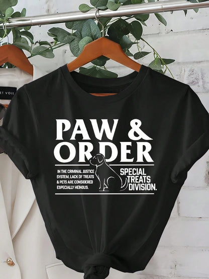 Women'S Plus Size "Paw & Order" Graphic T-Shirt- Funny Dog Lover Crew Neck Casual Top, Black With White Lettering