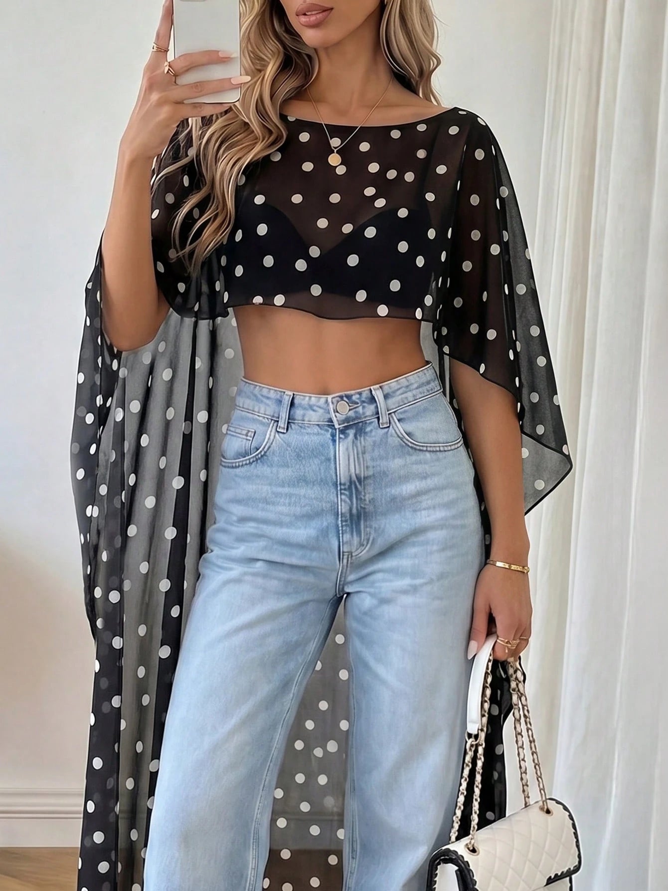 Women's Polka Dot Elegant Casual Cover Up, Suitable For Beach, Vacation, And Dates, Flowing Long Cover Up Summer