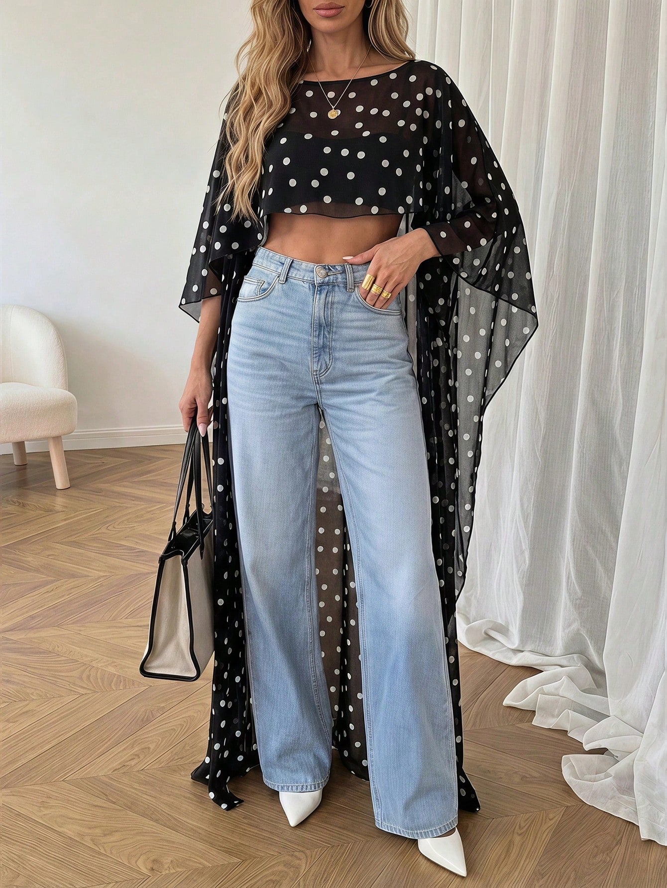 Women's Polka Dot Elegant Casual Cover Up, Suitable For Beach, Vacation, And Dates, Flowing Long Cover Up Summer