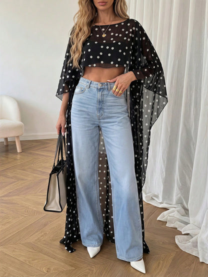 Women's Polka Dot Elegant Casual Cover Up, Suitable For Beach, Vacation, And Dates, Flowing Long Cover Up Summer