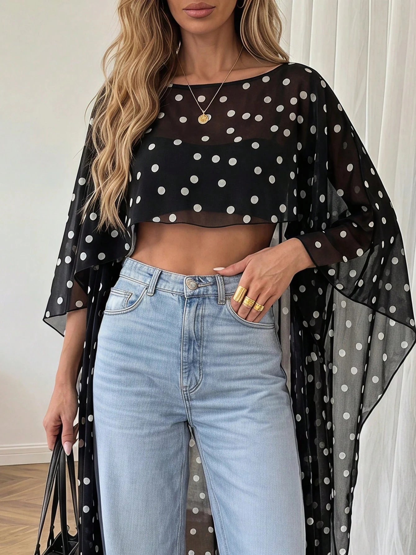 Women's Polka Dot Elegant Casual Cover Up, Suitable For Beach, Vacation, And Dates, Flowing Long Cover Up Summer