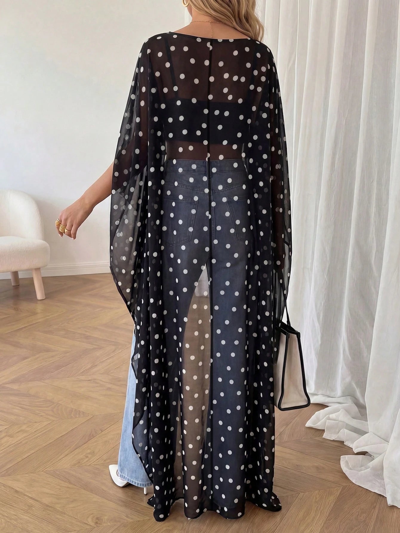 Women's Polka Dot Elegant Casual Cover Up, Suitable For Beach, Vacation, And Dates, Flowing Long Cover Up Summer
