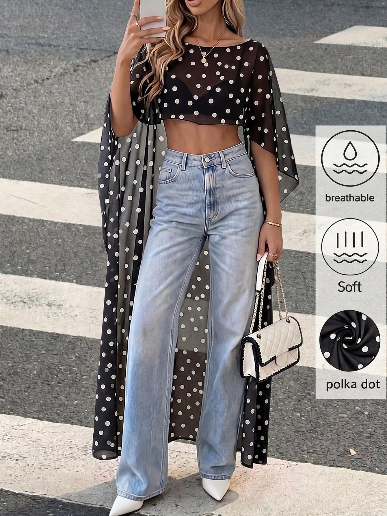 Women's Polka Dot Elegant Casual Cover Up, Suitable For Beach, Vacation, And Dates, Flowing Long Cover Up Summer