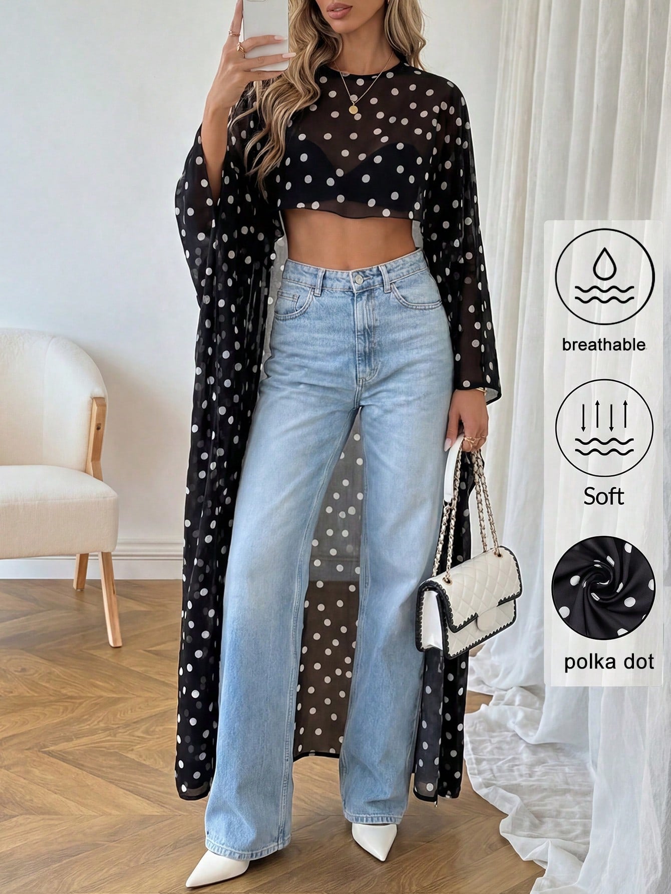 Women's Polka Dot Elegant Casual Cover Up, Suitable For Beach, Vacation, And Dates, Flowing Long Cover Up Summer