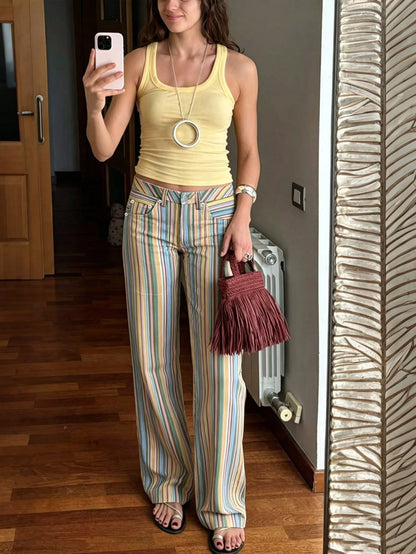 Women's Rainbow Striped Straight Leg Jeans, Casual Street Style Pants For Spring/Summer, Holiday Outfits, Y2K Aesthetic