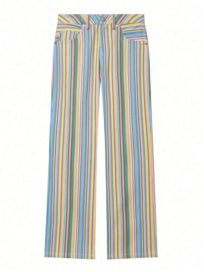 Women's Rainbow Striped Straight Leg Jeans, Casual Street Style Pants For Spring/Summer, Holiday Outfits, Y2K Aesthetic
