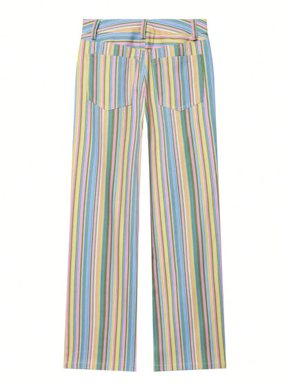 Women's Rainbow Striped Straight Leg Jeans, Casual Street Style Pants For Spring/Summer, Holiday Outfits, Y2K Aesthetic