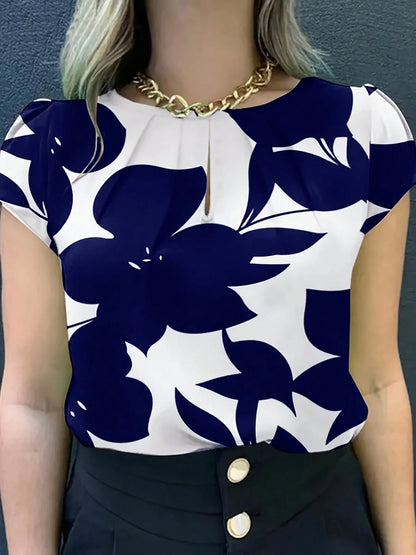 Women's Random Print Short Sleeve Shirt- Casual Round Neck, Loose Fit, Polyester Blouse For All Seasons Summer Vacation