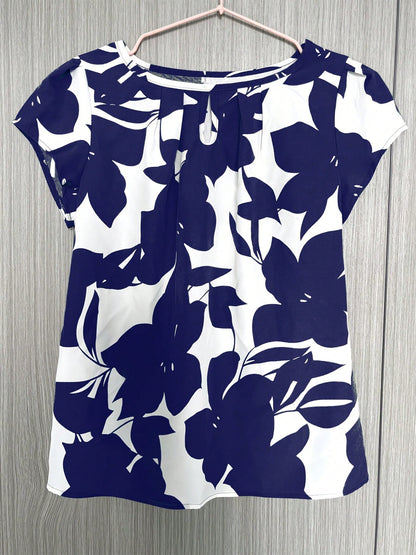 Women's Random Print Short Sleeve Shirt- Casual Round Neck, Loose Fit, Polyester Blouse For All Seasons Summer Vacation