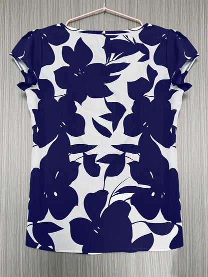 Women's Random Print Short Sleeve Shirt- Casual Round Neck, Loose Fit, Polyester Blouse For All Seasons Summer Vacation