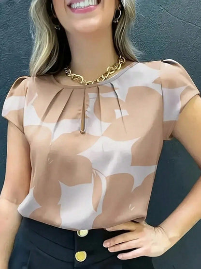 Women's Random Print Short Sleeve Shirt- Casual Round Neck, Loose Fit, Polyester Blouse For All Seasons Summer Vacation