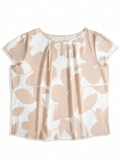 Women's Random Print Short Sleeve Shirt- Casual Round Neck, Loose Fit, Polyester Blouse For All Seasons Summer Vacation