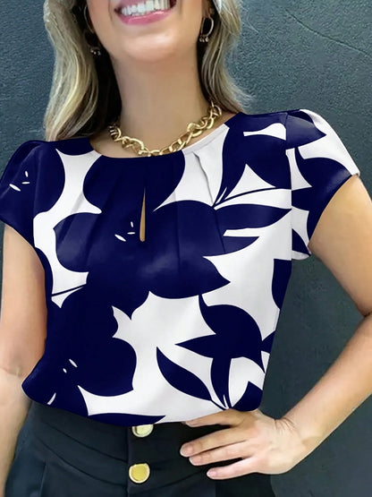 Women's Random Print Short Sleeve Shirt- Casual Round Neck, Loose Fit, Polyester Blouse For All Seasons Summer Vacation