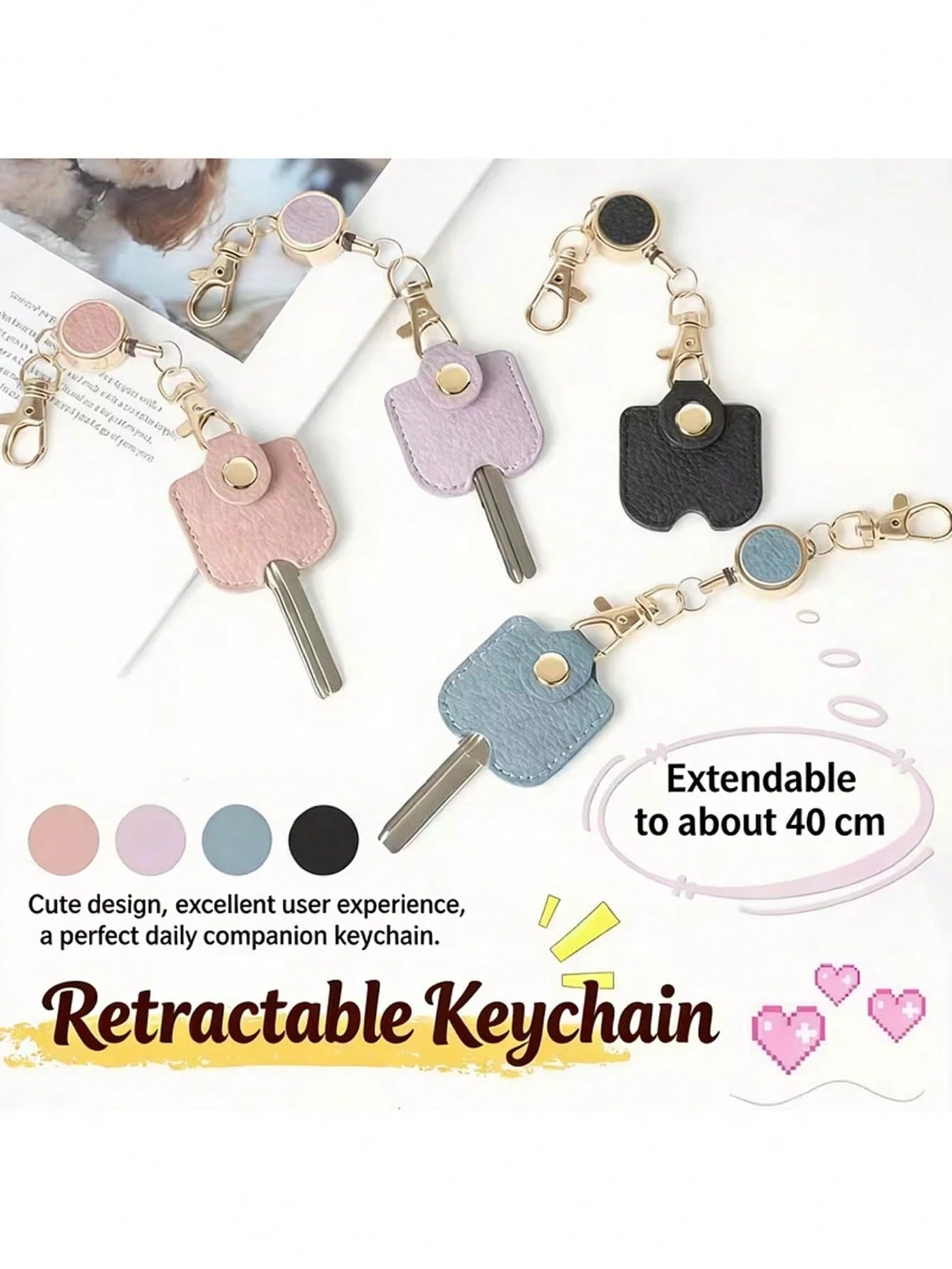 Women's Retractable Keychain, Faux Leather Stretchable Key Chain 30cm Length Anti-Lost Keychain, With Gold Metal Clip, Cute Portable Key Ring, Suitable For ID Card And Car Keys