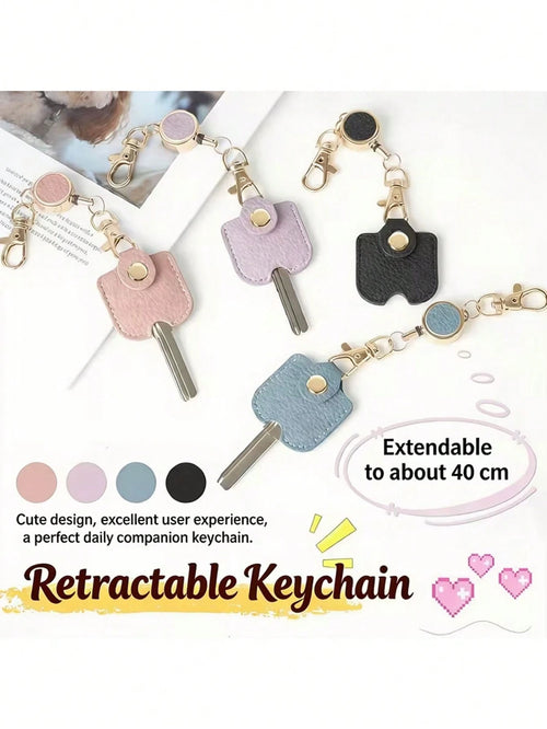 Women's Retractable Keychain, Faux Leather Stretchable Key Chain 30cm Length Anti-Lost Keychain, With Gold Metal Clip, Cute Portable Key Ring, Suitable For ID Card And Car Keys