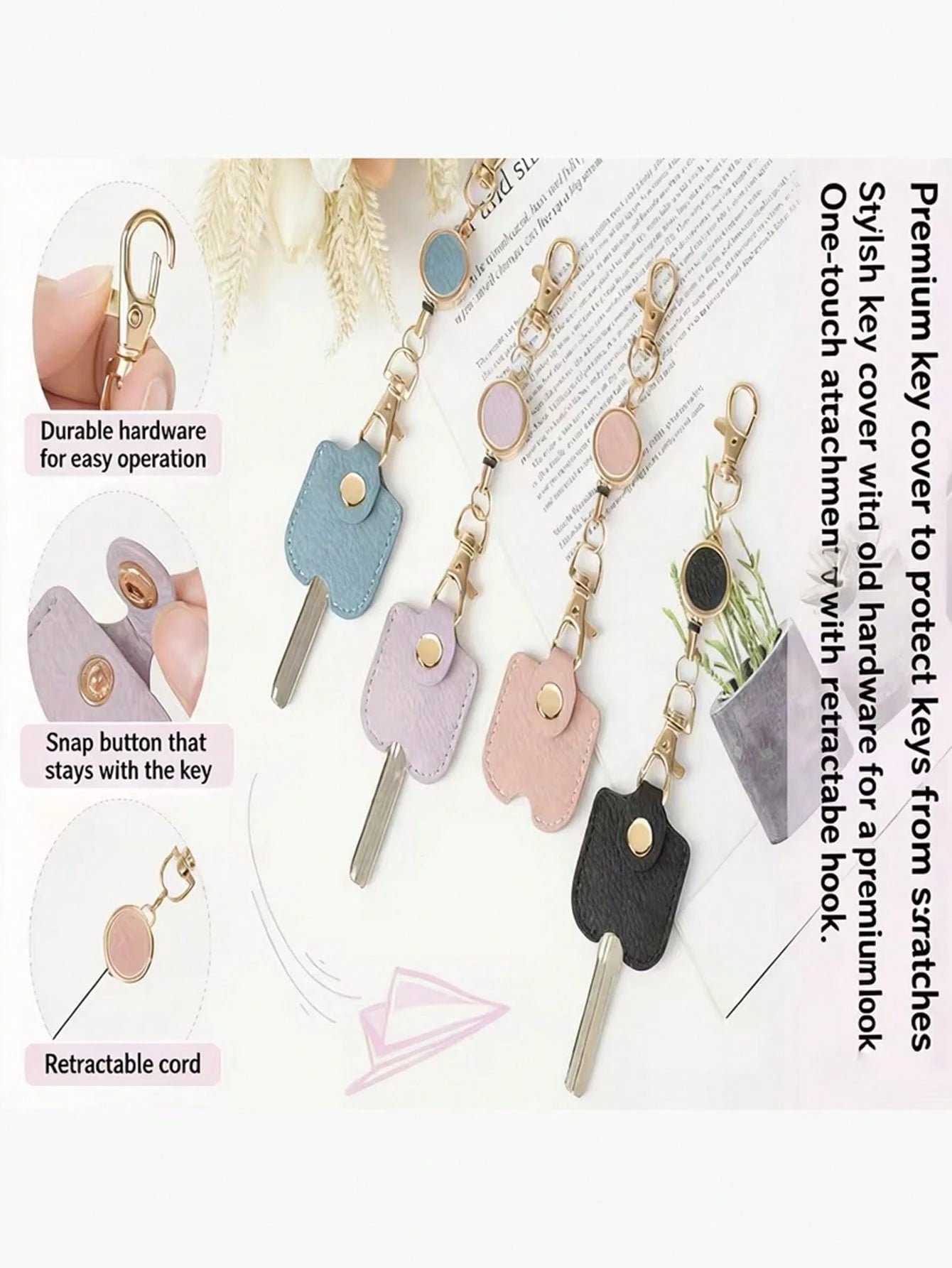 Women's Retractable Keychain, Faux Leather Stretchable Key Chain 30cm Length Anti-Lost Keychain, With Gold Metal Clip, Cute Portable Key Ring, Suitable For ID Card And Car Keys