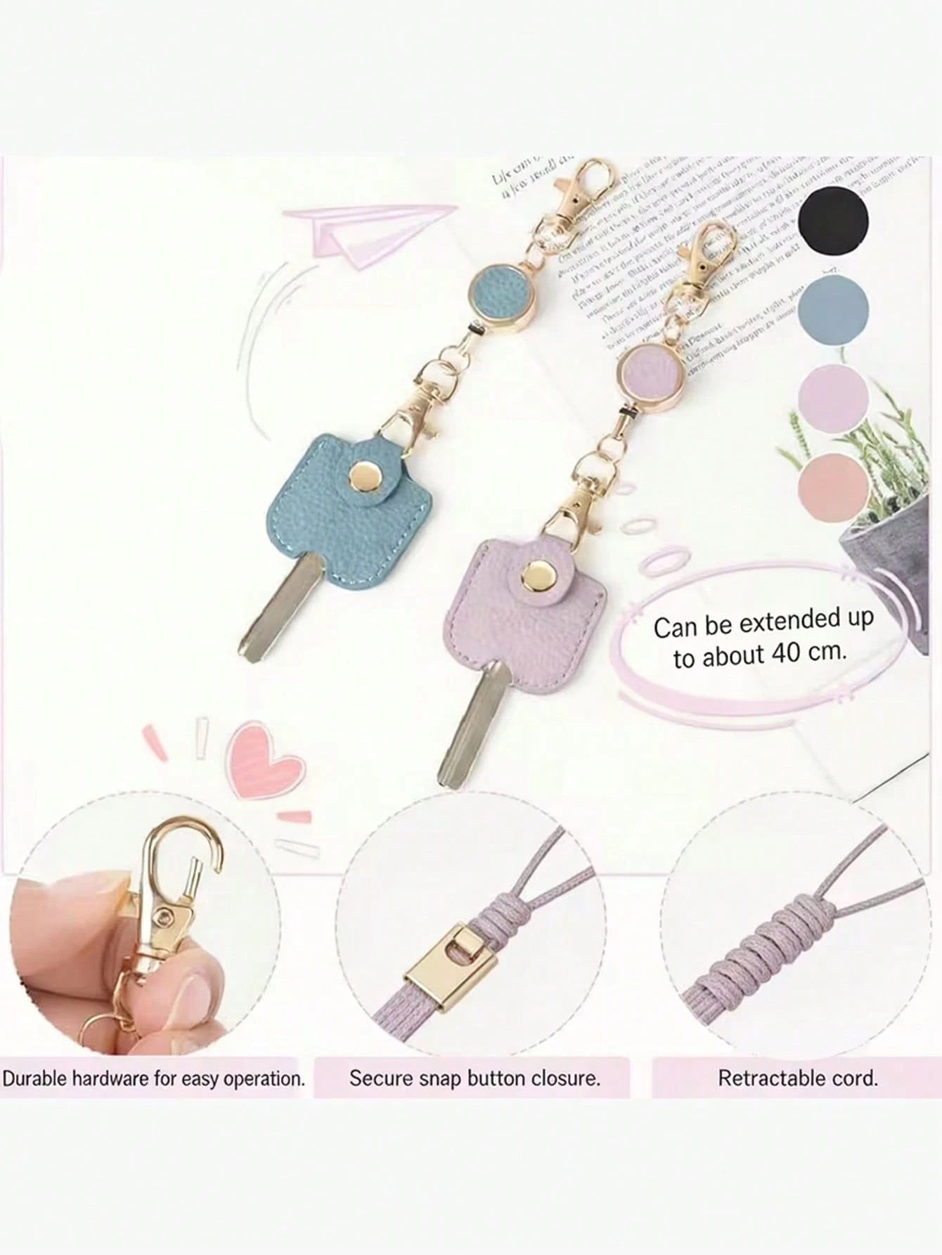 Women's Retractable Keychain, Faux Leather Stretchable Key Chain 30cm Length Anti-Lost Keychain, With Gold Metal Clip, Cute Portable Key Ring, Suitable For ID Card And Car Keys