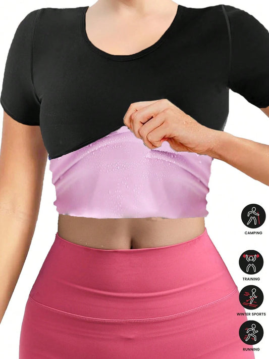 Women's Sauna Suit, Round Neck Short Sleeve Sports Top, Women's Activewear (Order One Size Up) Fitness Accessories Waist Trainer, Waist Cincher, Body Shaping Corset