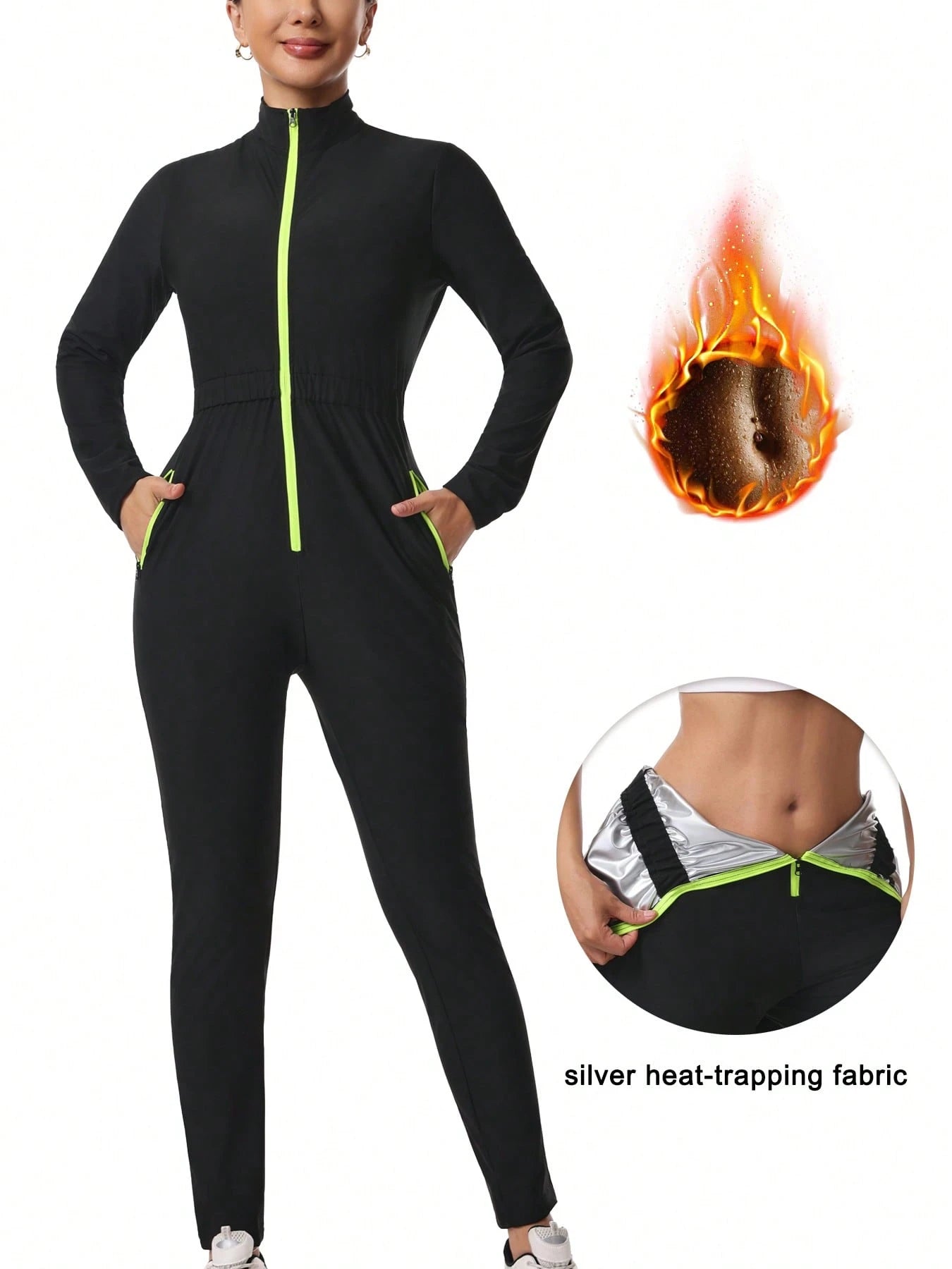 Women's Sauna Sweat Suit, Long Sleeve Long Pants Jumpsuit, Yoga Sports Jumpsuit With Pockets, Zippered Body Shaper Jumpsuit Black