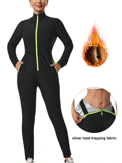 Women's Sauna Sweat Suit, Long Sleeve Long Pants Jumpsuit, Yoga Sports Jumpsuit With Pockets, Zippered Body Shaper Jumpsuit Black