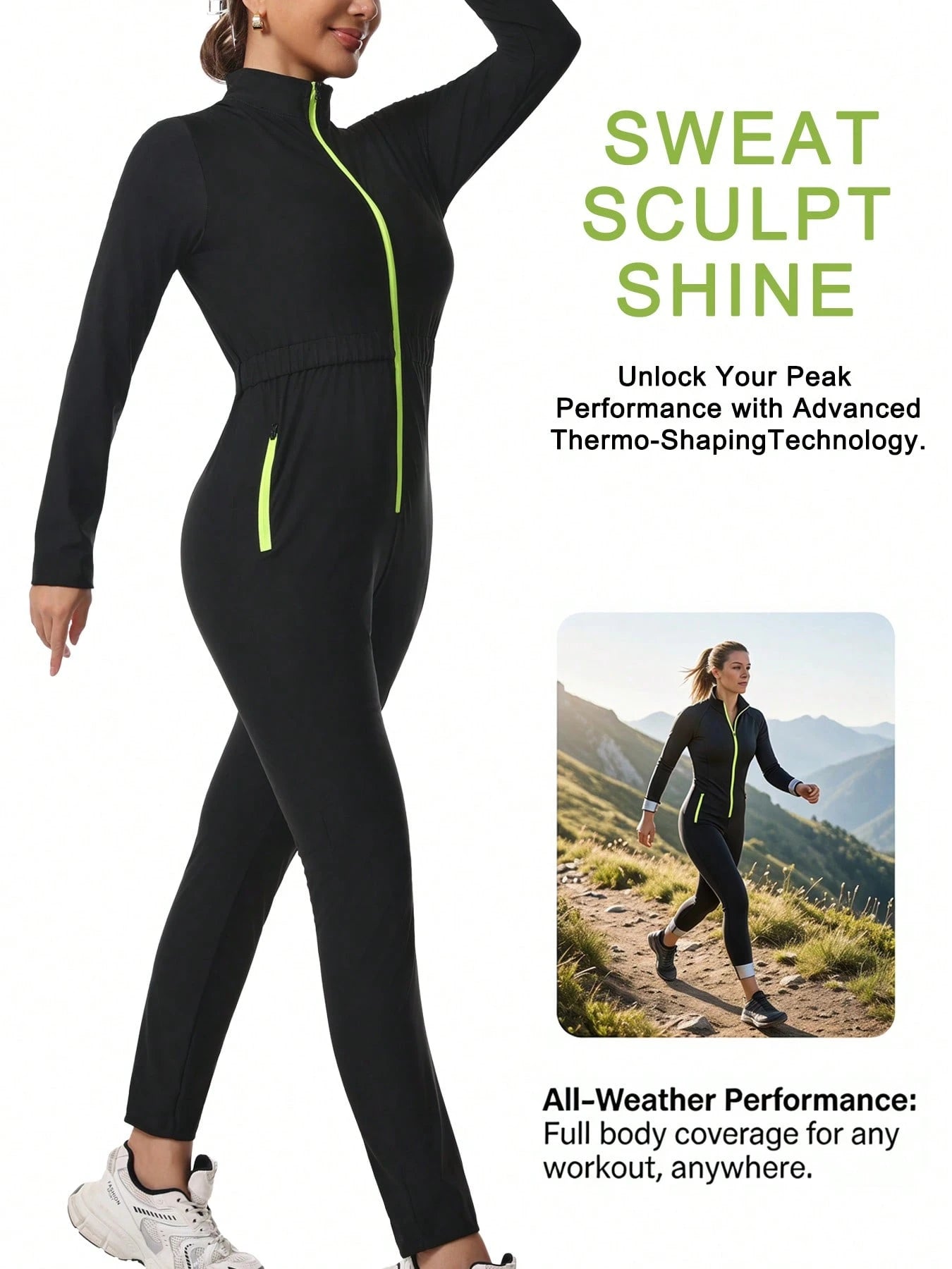 Women's Sauna Sweat Suit, Long Sleeve Long Pants Jumpsuit, Yoga Sports Jumpsuit With Pockets, Zippered Body Shaper Jumpsuit Black