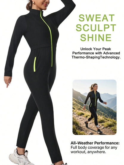 Women's Sauna Sweat Suit, Long Sleeve Long Pants Jumpsuit, Yoga Sports Jumpsuit With Pockets, Zippered Body Shaper Jumpsuit Black