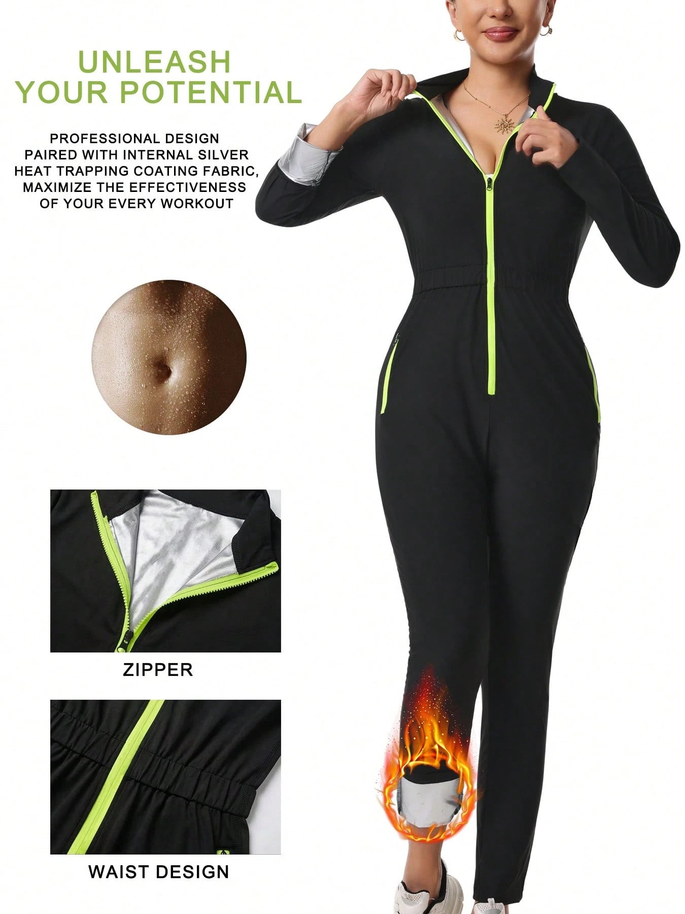 Women's Sauna Sweat Suit, Long Sleeve Long Pants Jumpsuit, Yoga Sports Jumpsuit With Pockets, Zippered Body Shaper Jumpsuit Black