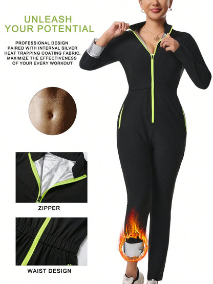 Women's Sauna Sweat Suit, Long Sleeve Long Pants Jumpsuit, Yoga Sports Jumpsuit With Pockets, Zippered Body Shaper Jumpsuit Black