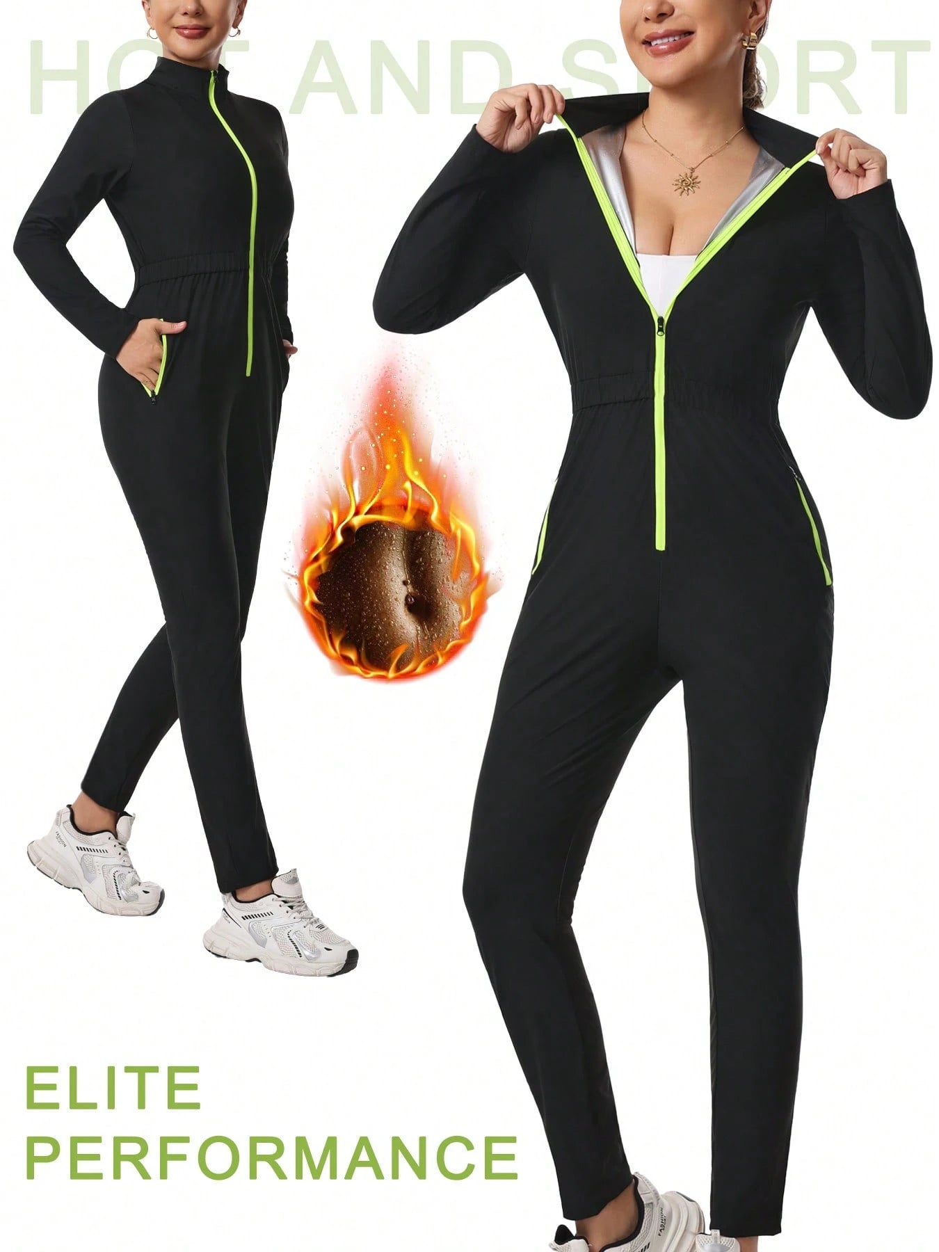 Women's Sauna Sweat Suit, Long Sleeve Long Pants Jumpsuit, Yoga Sports Jumpsuit With Pockets, Zippered Body Shaper Jumpsuit Black