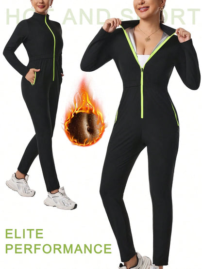 Women's Sauna Sweat Suit, Long Sleeve Long Pants Jumpsuit, Yoga Sports Jumpsuit With Pockets, Zippered Body Shaper Jumpsuit Black