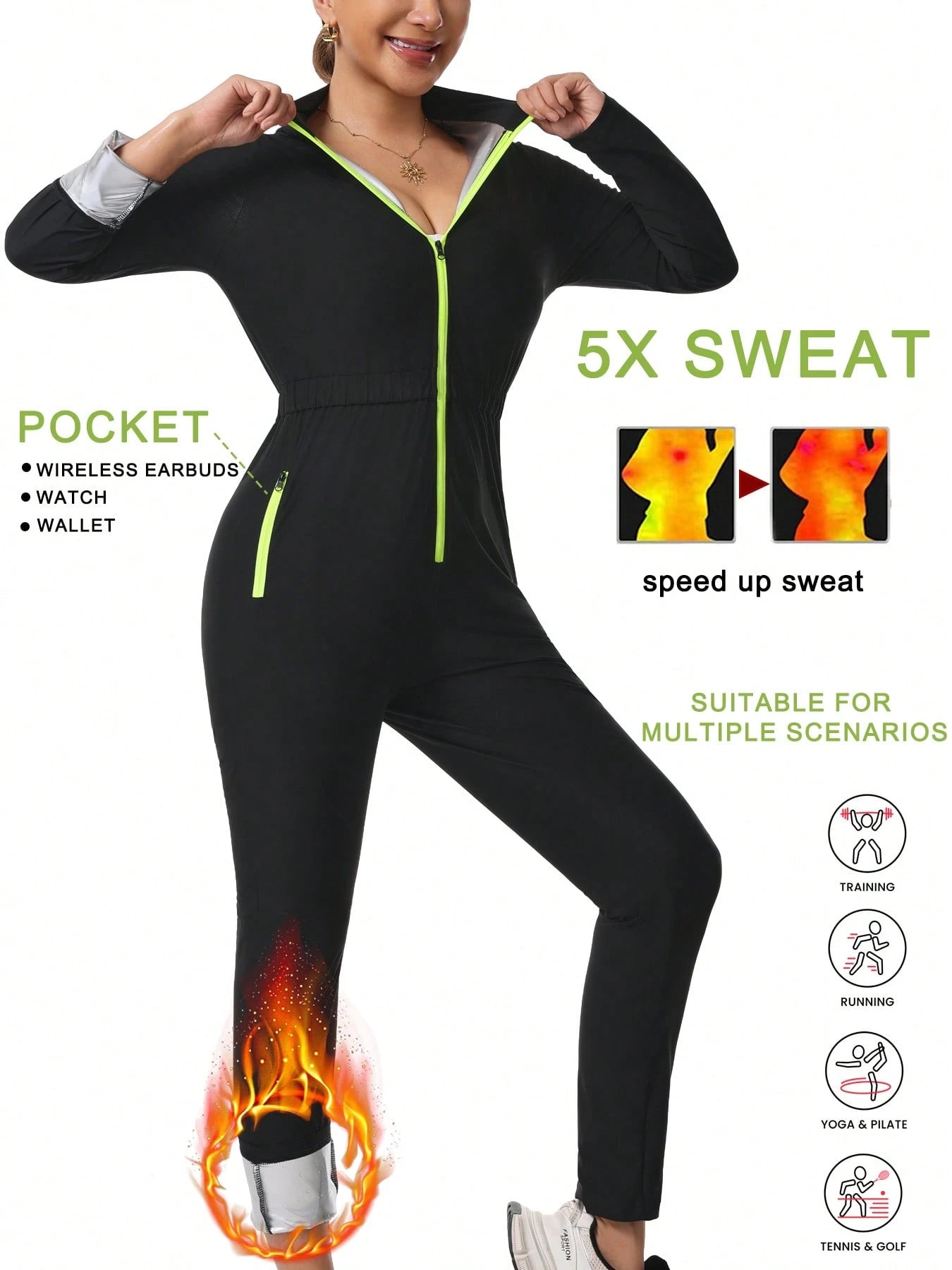 Women's Sauna Sweat Suit, Long Sleeve Long Pants Jumpsuit, Yoga Sports Jumpsuit With Pockets, Zippered Body Shaper Jumpsuit Black