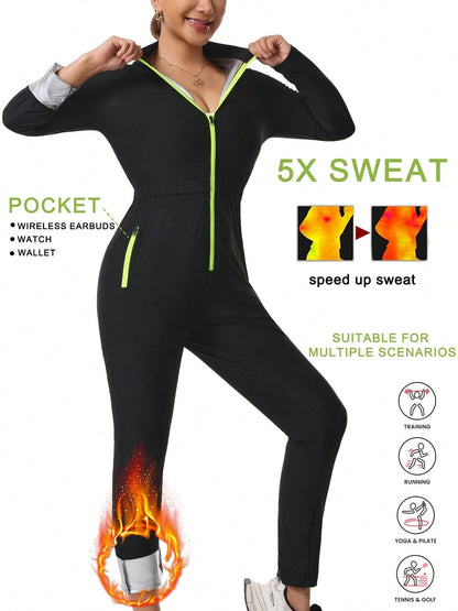 Women's Sauna Sweat Suit, Long Sleeve Long Pants Jumpsuit, Yoga Sports Jumpsuit With Pockets, Zippered Body Shaper Jumpsuit Black