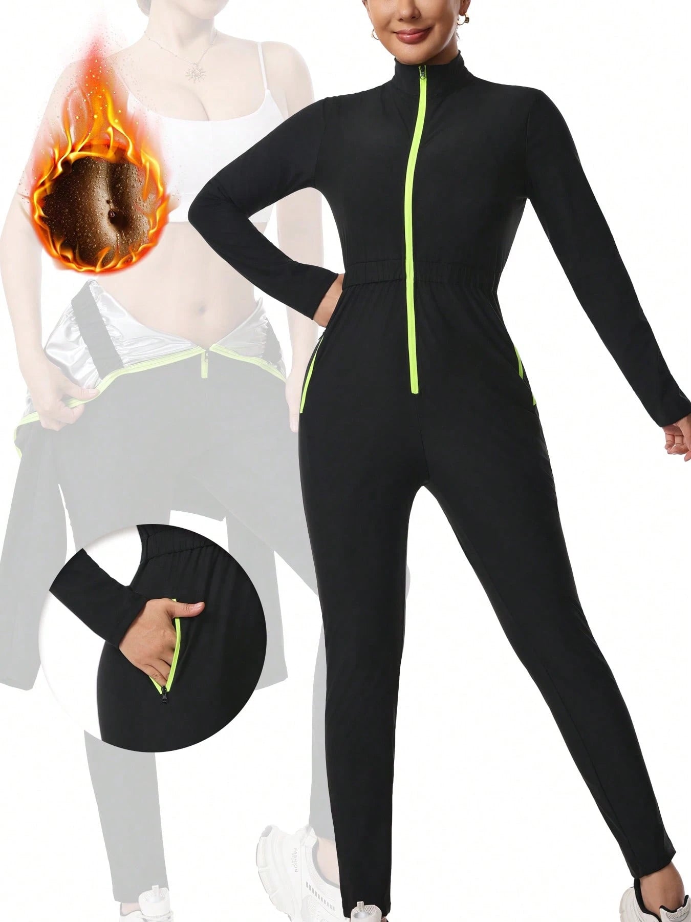 Women's Sauna Sweat Suit, Long Sleeve Long Pants Jumpsuit, Yoga Sports Jumpsuit With Pockets, Zippered Body Shaper Jumpsuit Black