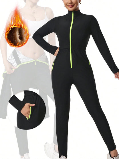 Women's Sauna Sweat Suit, Long Sleeve Long Pants Jumpsuit, Yoga Sports Jumpsuit With Pockets, Zippered Body Shaper Jumpsuit Black