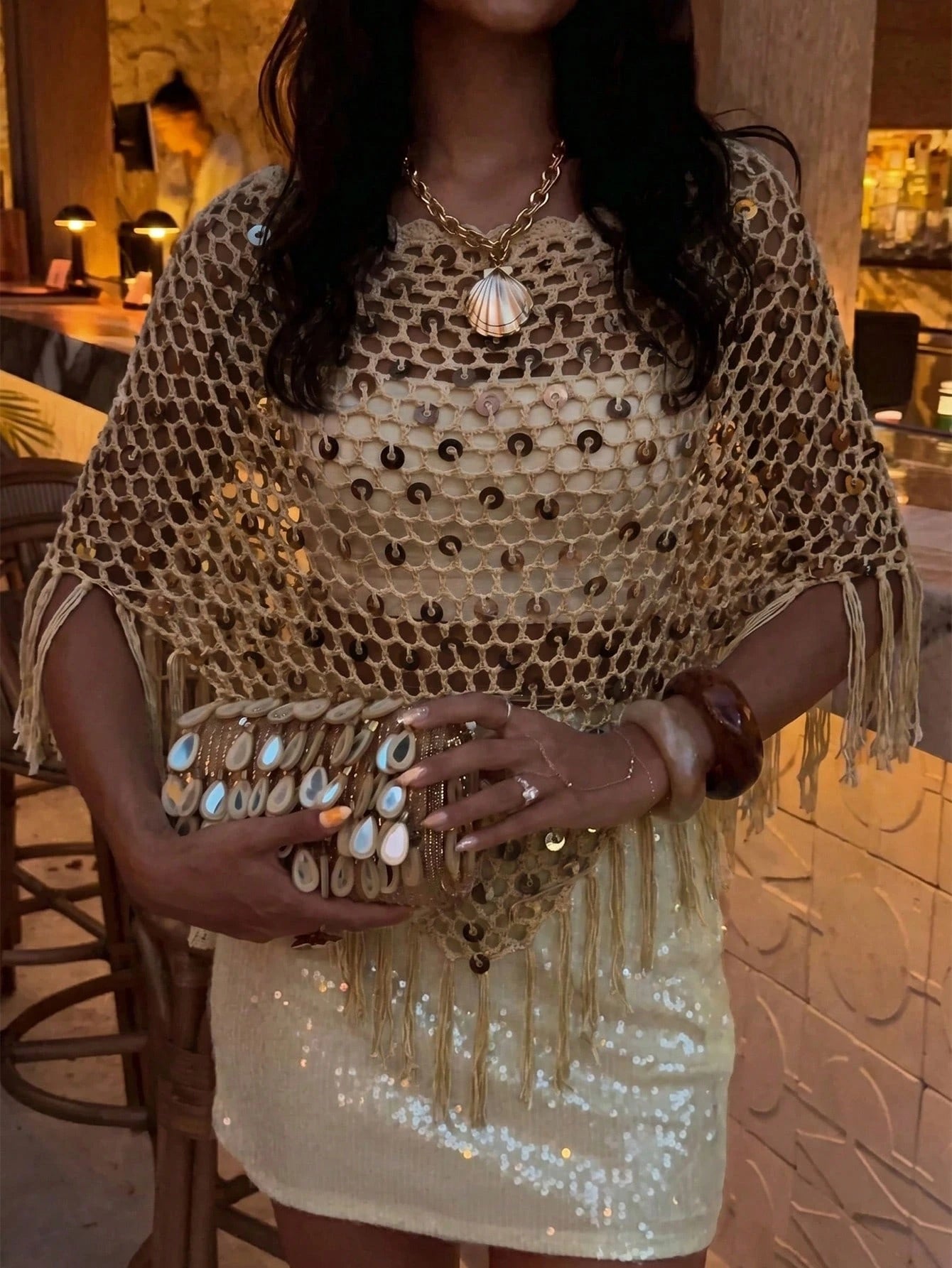 Women's Sequin Top Shawl Cover-Up With Tassel Hem, Boho Knitted Sequin Cover-Up, Spring/Summer Knit Top Vacation Beach