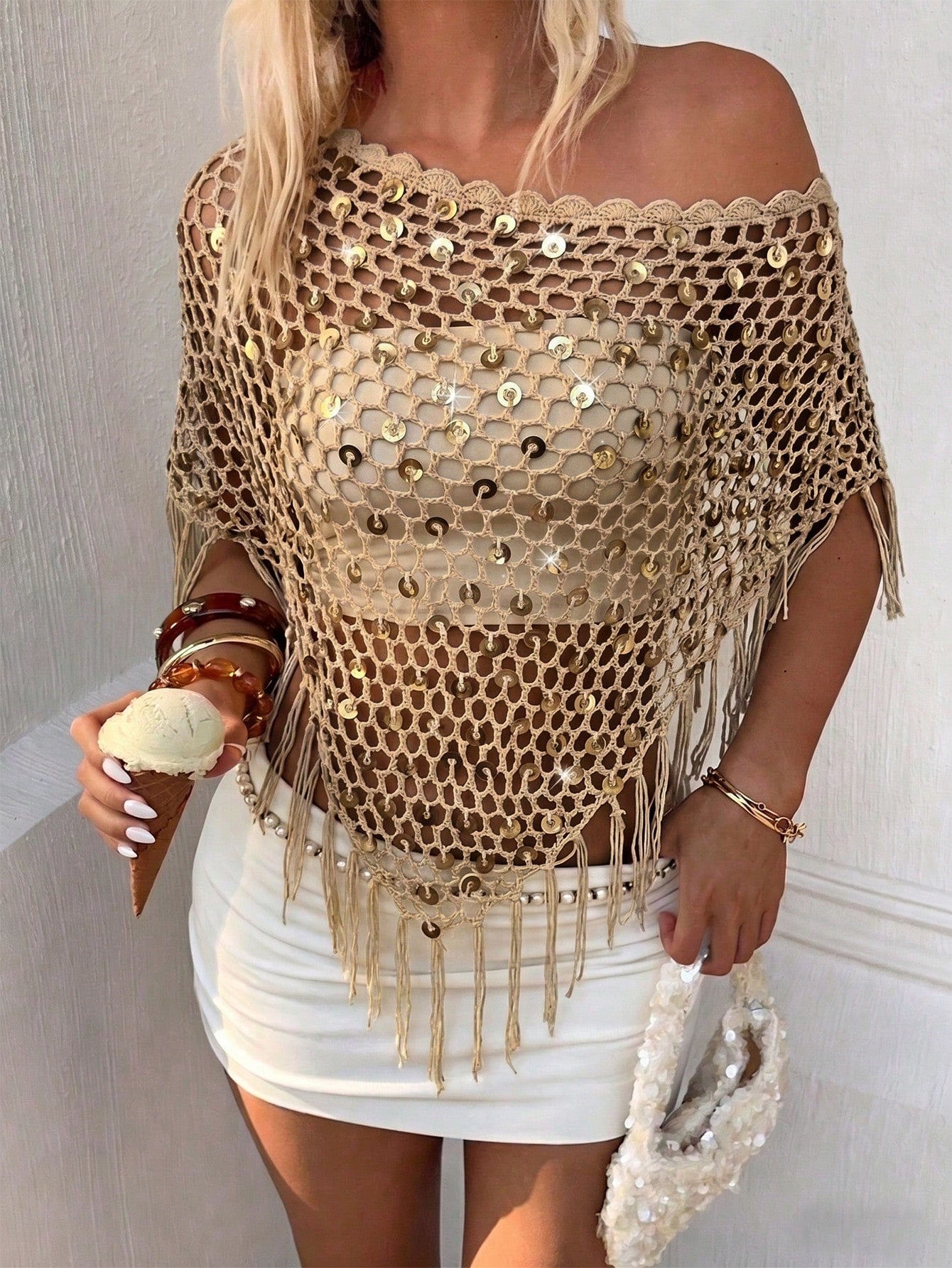 Women's Sequin Top Shawl Cover-Up With Tassel Hem, Boho Knitted Sequin Cover-Up, Spring/Summer Knit Top Vacation Beach