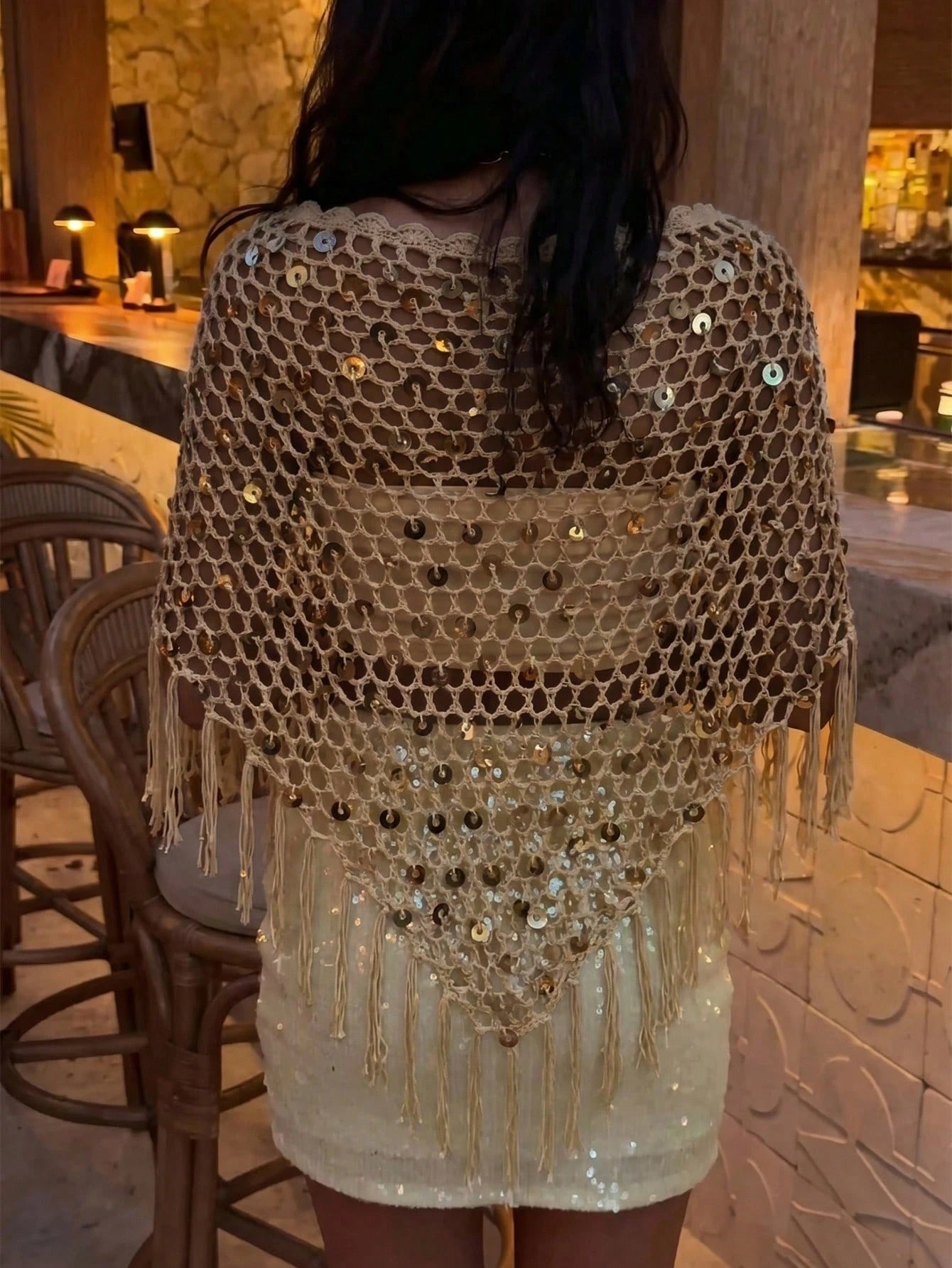 Women's Sequin Top Shawl Cover-Up With Tassel Hem, Boho Knitted Sequin Cover-Up, Spring/Summer Knit Top Vacation Beach