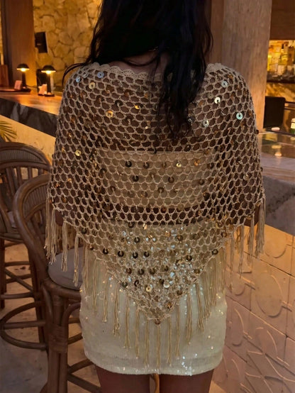 Women's Sequin Top Shawl Cover-Up With Tassel Hem, Boho Knitted Sequin Cover-Up, Spring/Summer Knit Top Vacation Beach