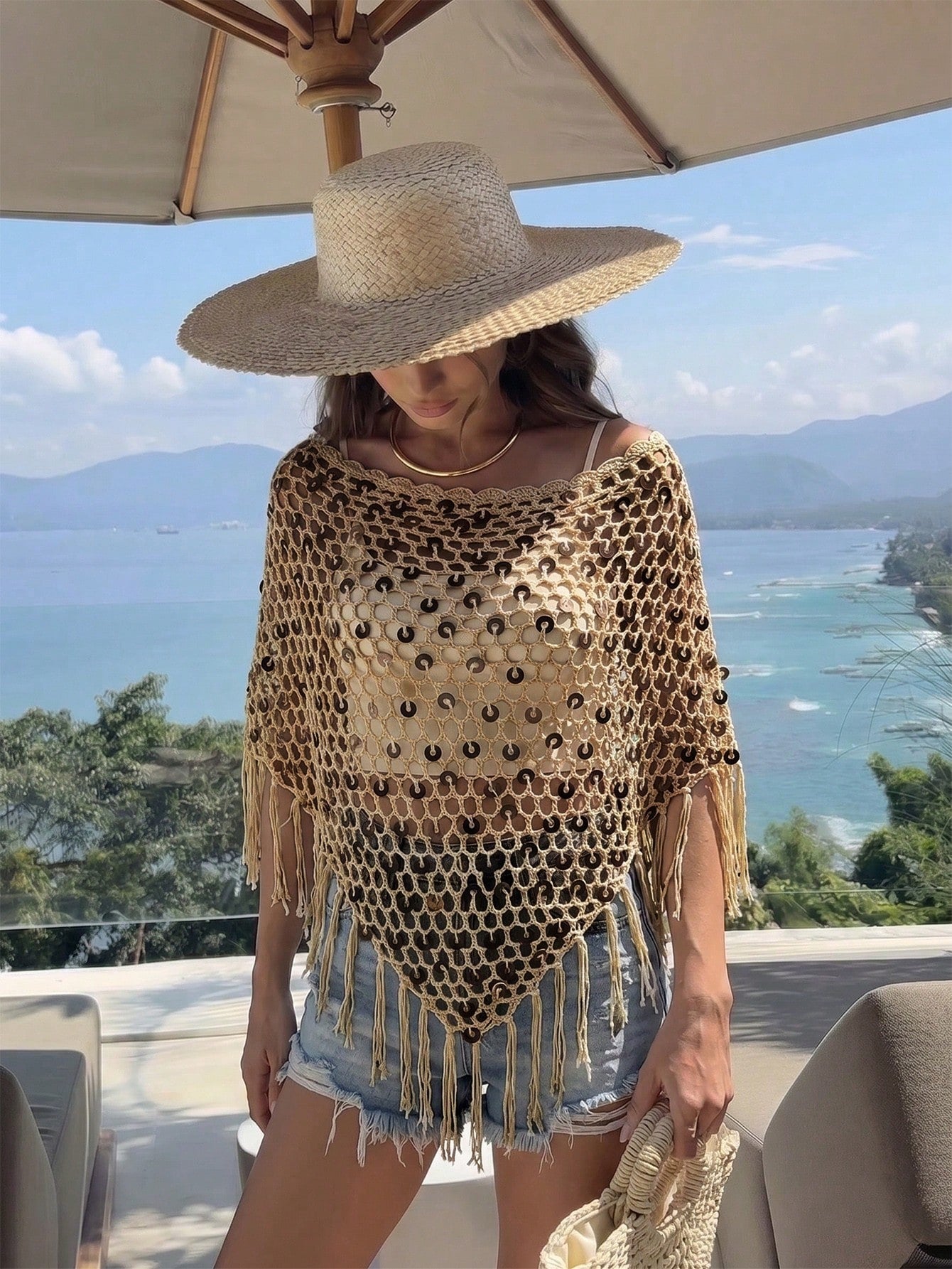 Women's Sequin Top Shawl Cover-Up With Tassel Hem, Boho Knitted Sequin Cover-Up, Spring/Summer Knit Top Vacation Beach