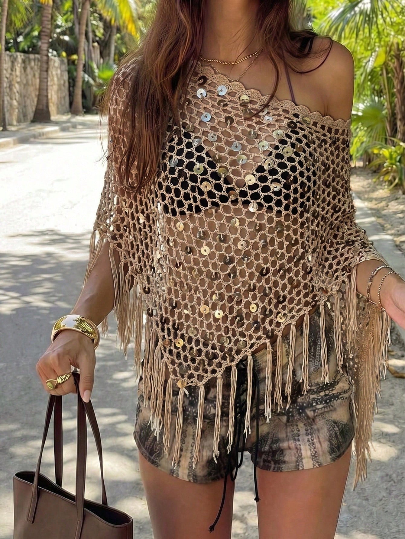 Women's Sequin Top Shawl Cover-Up With Tassel Hem, Boho Knitted Sequin Cover-Up, Spring/Summer Knit Top Vacation Beach