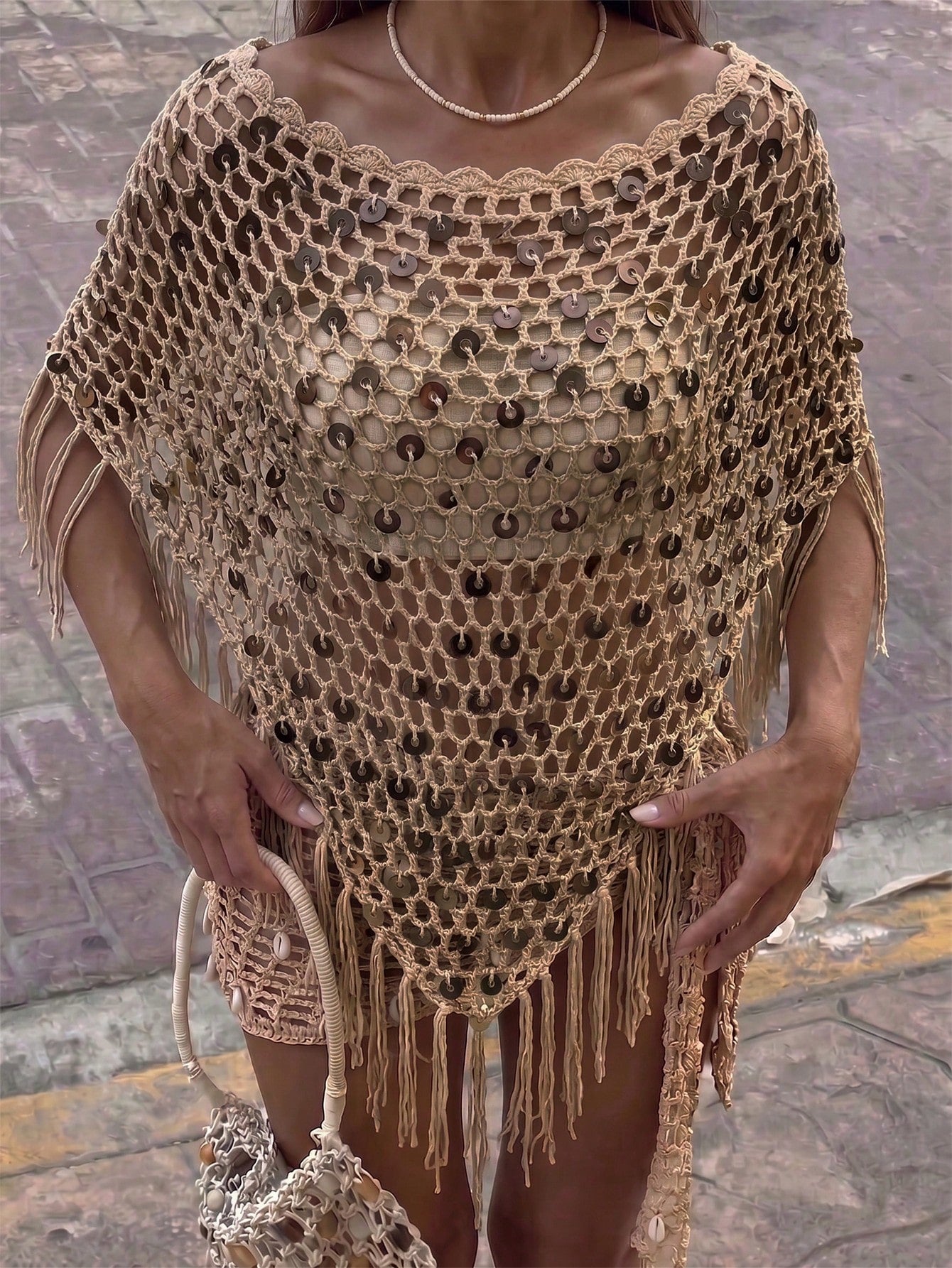 Women's Sequin Top Shawl Cover-Up With Tassel Hem, Boho Knitted Sequin Cover-Up, Spring/Summer Knit Top Vacation Beach